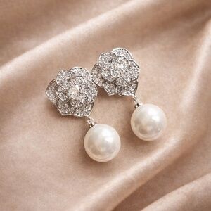 Rose Elegant Silver Pearl Drop Earrings